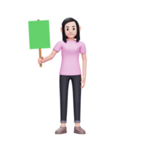 meisje staand Holding groen papier aanplakbiljet met Rechtsaf hand, 3d karakter illustratie gewoontjes vrouw png