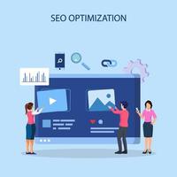 concepto seo, optimización de motores de búsqueda con personas del equipo de oficina que trabajan juntas aumentan la calificación del sitio web - vector