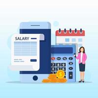 Salary vector concept. online income calculate and automatic payment, calendar pay date, employee wages concept.