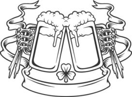 Skulls beer cheers with clover leaf ribbon monochrome vector