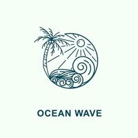 ocean waves, coconut trees and sun shining monoline design beach badge vector