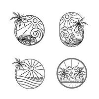 set ocean waves, coconut trees and sun shining monoline design beach badge vector