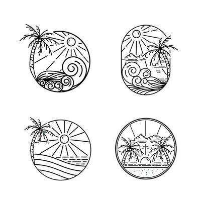 set ocean waves, coconut trees and sun shining monoline design beach badge