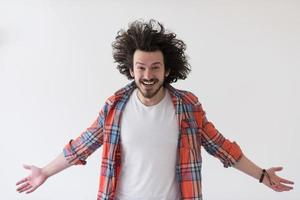 man standing with open arms isolated on a white photo