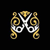 logotipo creativo de lujo con adorno de tijera vector