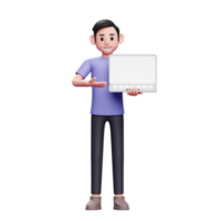 boy standing offering product by showing laptop screen 3d render character illustration png