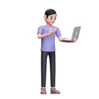 hombre haciendo una videollamada con la cámara frontal de la computadora portátil ilustración de personaje de renderizado 3d png