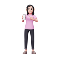 mulher apontando para a tela do telefone 3d render ilustração de personagem png