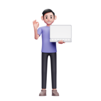 uomo in piedi Tenere il computer portatile mentre dando ok cartello con mano 3d rendere personaggio illustrazione png