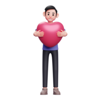 menino abraçando ilustração de personagem 3d de coração rosa, menino comemorando ilustração 3d de dia dos namorados