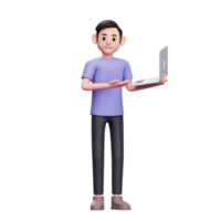 boy standing showing a laptop being held in his left hand 3d render character illustration png