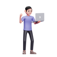 menino de pé segurando o laptop e comemorando a vitória enquanto olha para a ilustração de personagem de renderização 3d da tela do laptop png