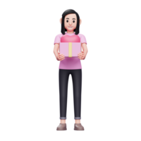 fille donne une boîte cadeau qui est ouverte et contient un coeur rose, fille avec boîte cadeau illustration de personnage 3d png