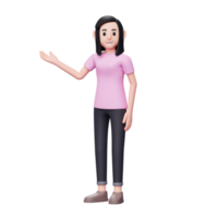 3D-Charakterillustration Lässige Frau, die Hand zeigt, um Raum mit rechten Händen zu kopieren, oder einladende Geste png