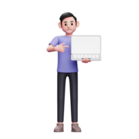 casual man standing holding laptop and pointing at laptop screen 3d render character illustration png