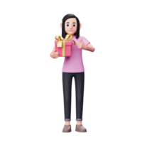 Mädchen, das Valentinstagsgeschenk umarmt und Daumen hochgibt, 3D-Charakterillustration Valentinstagskonzept png