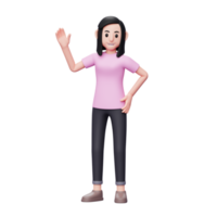 3D-Charakterillustration einer Frau, die mit der Hand und der linken Hand auf der Taille winkt. Mädchen sagt hallo, sag hallo png