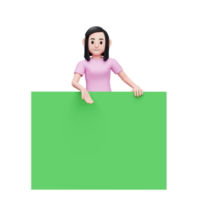femme debout derrière la grande bannière verte et montrant quelque chose avec la main droite, illustration de personnage 3d femme décontractée png