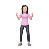 garota feliz e animada fazendo gesto de vencedor com os braços levantados, pose de celebração de sucesso com cor da moda 2022 Ilustração de personagem de mulher 3d png