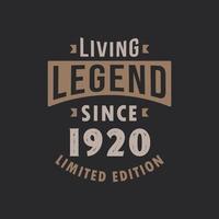 Living Legend since 1920 Limited Edition. Born in 1920 vintage typography Design. vector