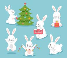conjunto de personajes lindos. conejito blanco decora el árbol de navidad. ilustración vectorial de conejo sobre fondo azul, símbolo 2023 año nuevo vector