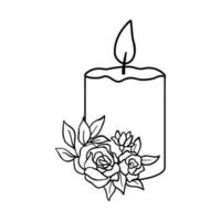 Candle with flowers hand drawn. Vector burning candle sketch isolated on white background for coloring book