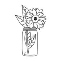 Sunflowers in jar. Wildflowers in glass bottle. Vector outline illustration isolated on white