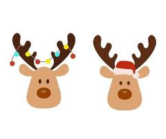 Cute reindeer face in Santa Claus hat, garland hanging from antlers. Vector flat illustration Isolated on white. Christmas sign
