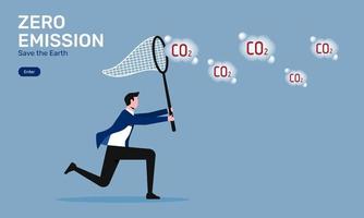 Zero emission concept design. Man uses butterfly net to catch gas carbon dioxide symbol, vector illustration