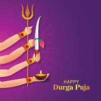 Goddess durga hands on happy durga puja holiday card background vector