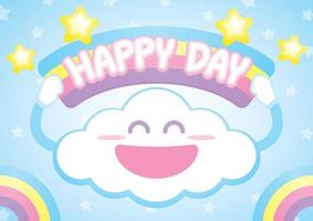 cute kawaii cloud is smiling and holding rainbow sign with the phrases happy day on blue sky with gold stars and rainbow illustration vector