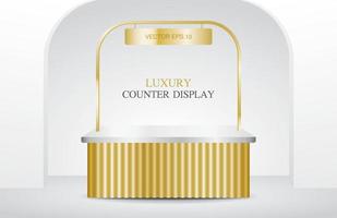 luxury shiny gold counter kiosk with hanging sign 3d illustration vector for putting your object