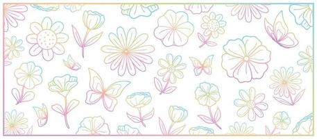 hermosas flores dibujadas a mano y vector de contorno gráfico de mariposa en un dulce tema de color degradado