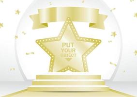 golden star stage display with luxury ribbon sign 3d illustration vector for putting object