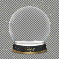 bola de nieve con elementos dorados cayendo, ilustración vectorial esfera 3d de cristal vacía. bola de cristal mágica transparente para regalo de feliz navidad o año nuevo vector