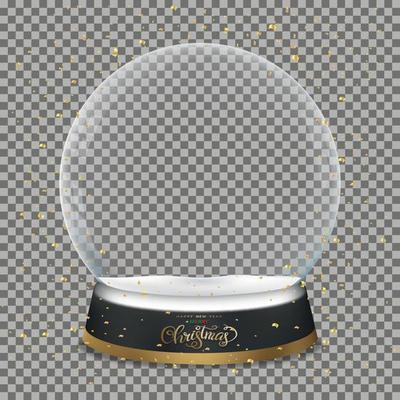 Snow Globe with gold elements falling, Vector illustration Empty Crystal 3d Sphere. Transparent magic glass ball for Merry Christmas or New Year gift