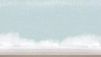 escena de invierno mesa de madera vacía con nieve sobre fondo de cielo azul.banner vectorial de textura de madera para el telón de fondo de vacaciones en concepto de promoción o venta de navidad y año nuevo vector