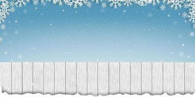 madera blanca con marco de copos de nieve sobre fondo de cielo azul, banner vectorial de textura de madera con escena de invierno para el telón de fondo de vacaciones en navidad y año nuevo promoción o concepto de venta vector