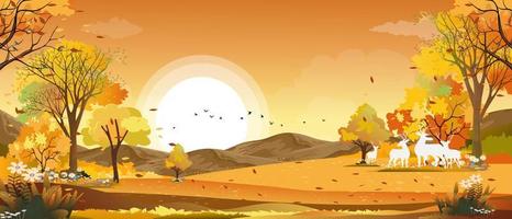 paisajes panorámicos de fantasía de campo en otoño, panorámicos de mediados de otoño con campos agrícolas, montañas, hierba silvestre y hojas que caen de los árboles en follaje amarillo. paisaje del país de las maravillas en la temporada de otoño