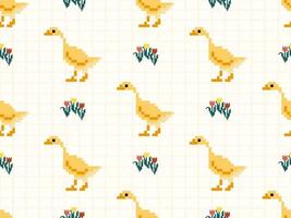 Duck cartoon character seamless pattern on yellow background. Pixel style vector
