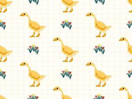 Duck cartoon character seamless pattern on yellow background. Pixel style vector