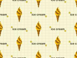 Ice cream cartoon character seamless pattern on yellow background. Pixel style vector