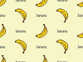 Banana cartoon character seamless pattern on yellow background. Pixel style vector