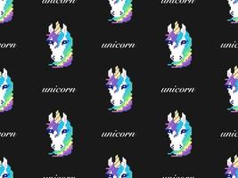 Unicorn cartoon character seamless pattern on black background. Pixel style vector