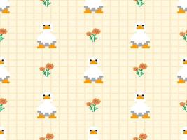 Duck cartoon character seamless pattern on yellow background. Pixel style vector