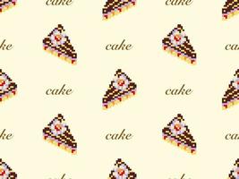 Cake cartoon character seamless pattern on yellow background. Pixel style vector