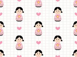 Girl cartoon character seamless pattern on pink background. Pixel style vector