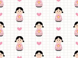 Girl cartoon character seamless pattern on pink background. Pixel style vector