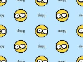Sleepy emoji cartoon character seamless pattern on blue background. Pixel style vector
