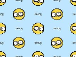 Sleepy emoji cartoon character seamless pattern on blue background. Pixel style vector